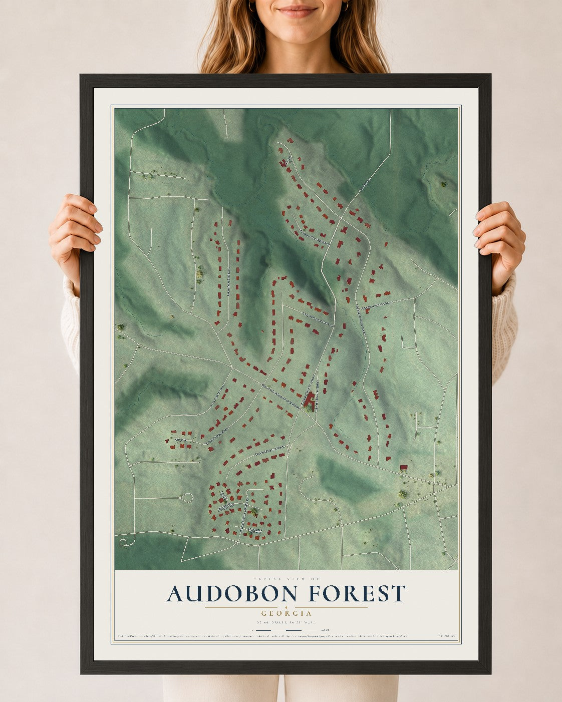 Audobon Forest, Georgia map print, 24" x 36" W/ Black Ayous Wood Frame mockup