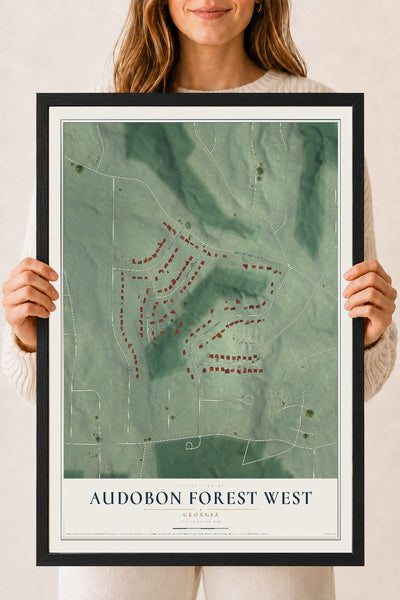 Audobon Forest West, Georgia map print, 18" x 24" W/ Black Ayous Wood Frame mockup