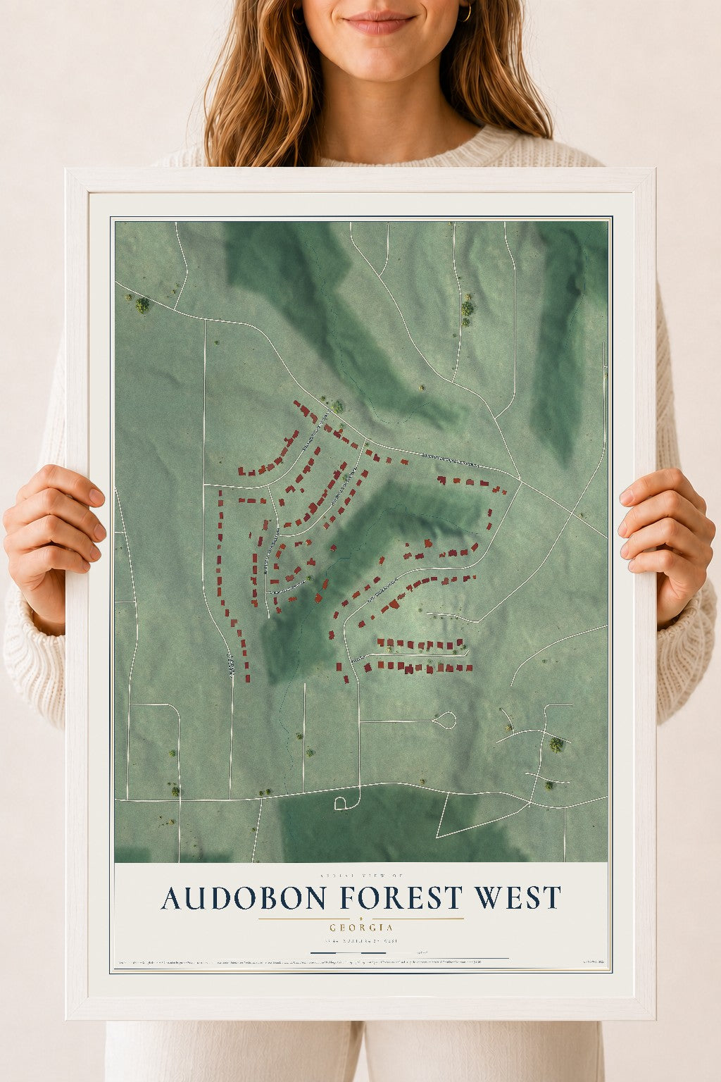 Audobon Forest West, Georgia map print, 18" x 24" W/ White Ayous Wood Frame mockup