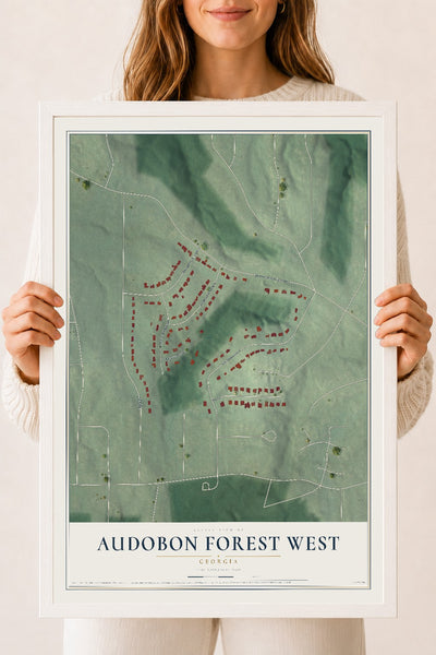 Audobon Forest West, Georgia map print, 18" x 24" W/ White Ayous Wood Frame mockup