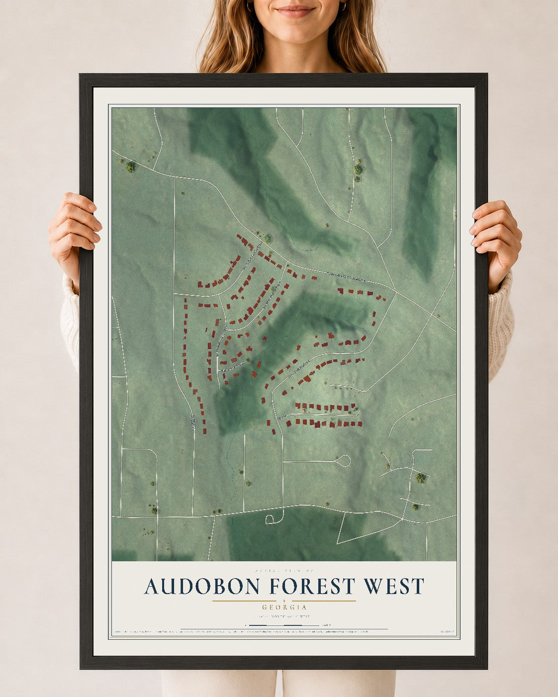 Audobon Forest West, Georgia map print, 24" x 36" W/ Black Ayous Wood Frame mockup