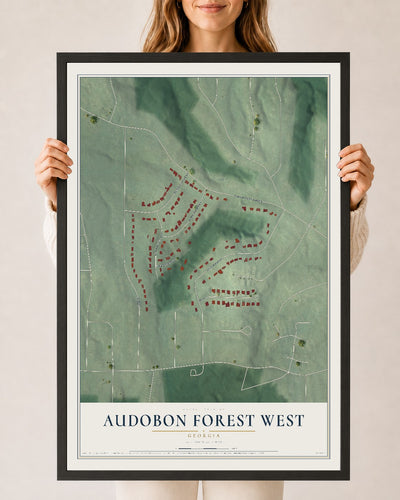 Audobon Forest West, Georgia map print, 24" x 36" W/ Black Ayous Wood Frame mockup