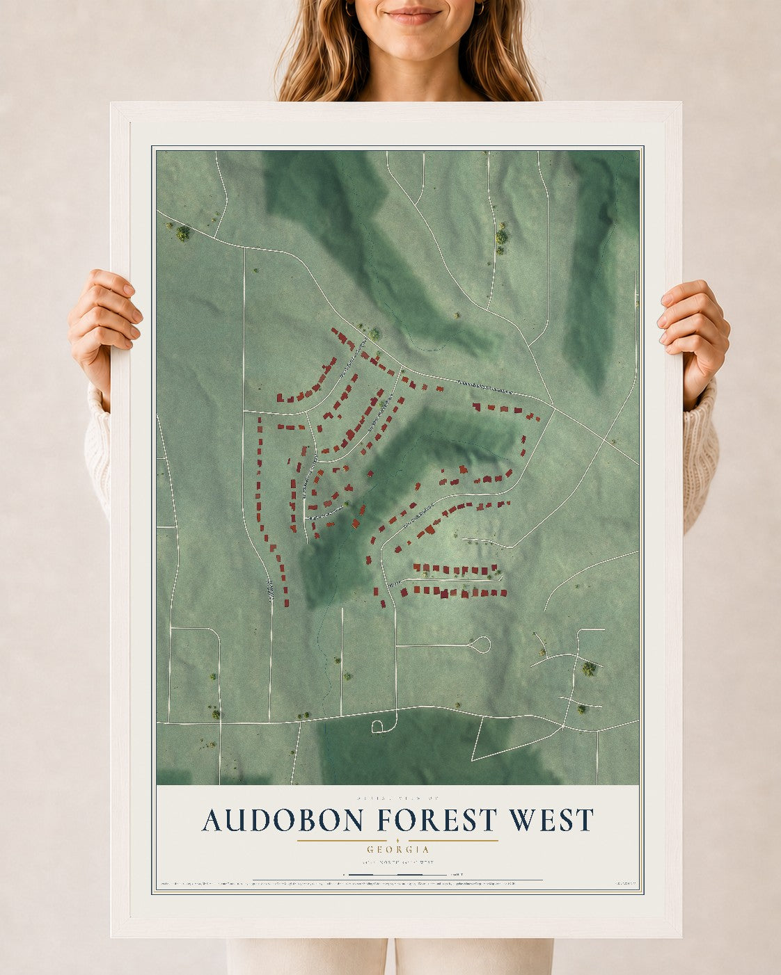 Audobon Forest West, Georgia map print, 24" x 36" W/ White Ayous Wood Frame mockup