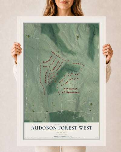 Audobon Forest West, Georgia map print, 24" x 36" W/ White Ayous Wood Frame mockup