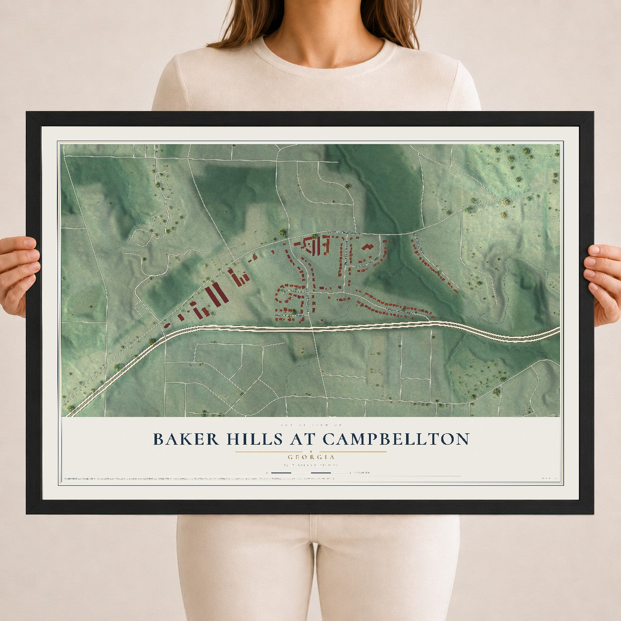 Baker Hills at Campbellton, Georgia map print, 18" x 24" W/ Black Ayous Wood Frame mockup