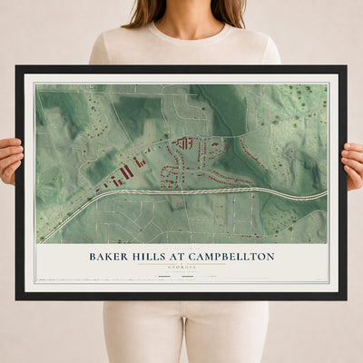 Baker Hills at Campbellton, Georgia map print, 18" x 24" W/ Black Ayous Wood Frame mockup