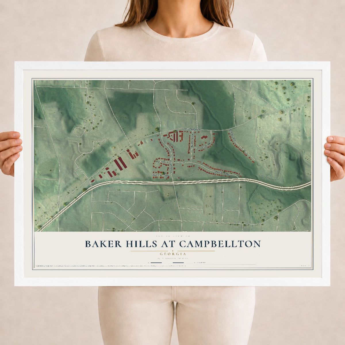 Baker Hills at Campbellton, Georgia map print, 18" x 24" W/ White Ayous Wood Frame mockup
