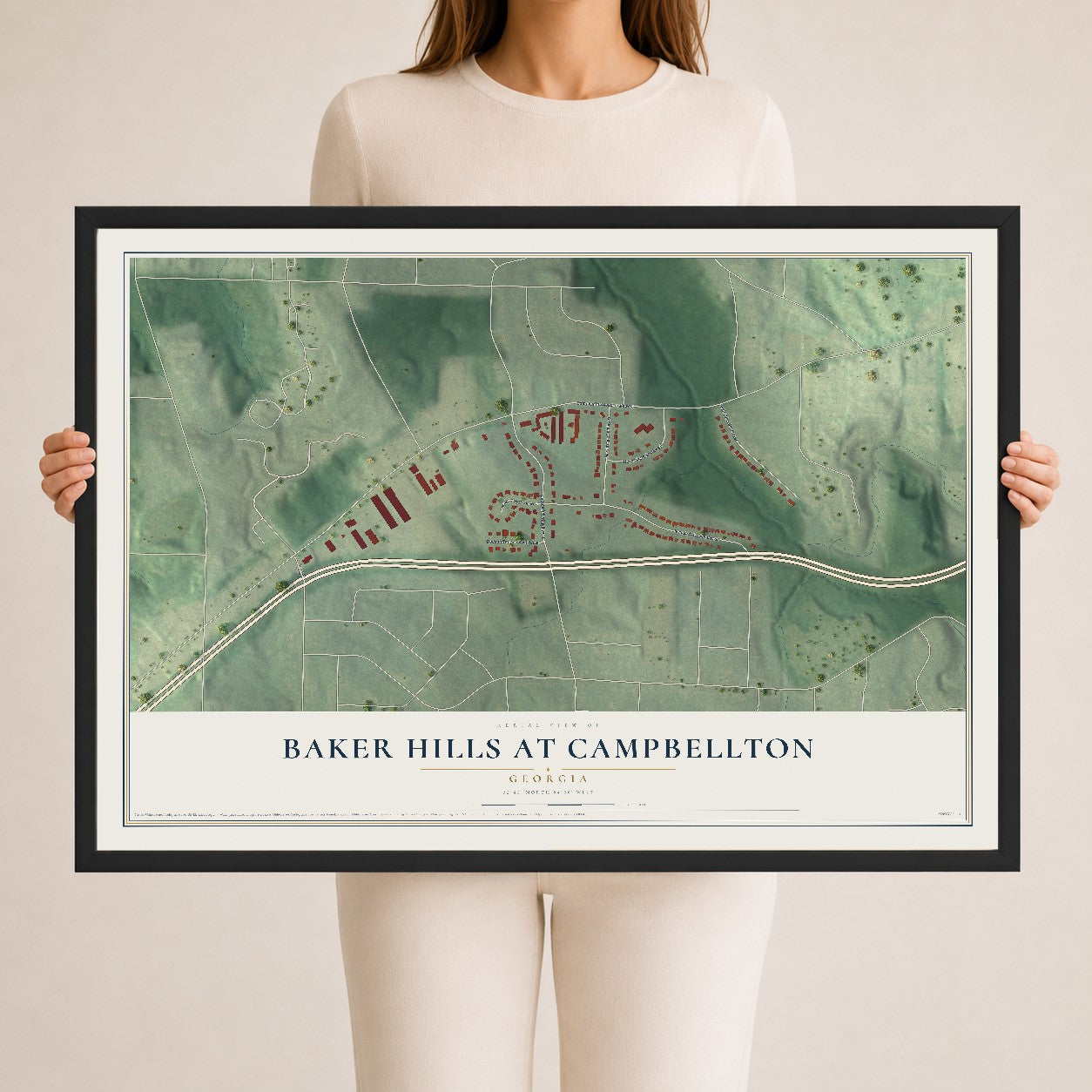 Baker Hills at Campbellton, Georgia map print, 24" x 36" W/ Black Ayous Wood Frame mockup