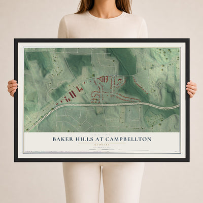 Baker Hills at Campbellton, Georgia map print, 24" x 36" W/ Black Ayous Wood Frame mockup