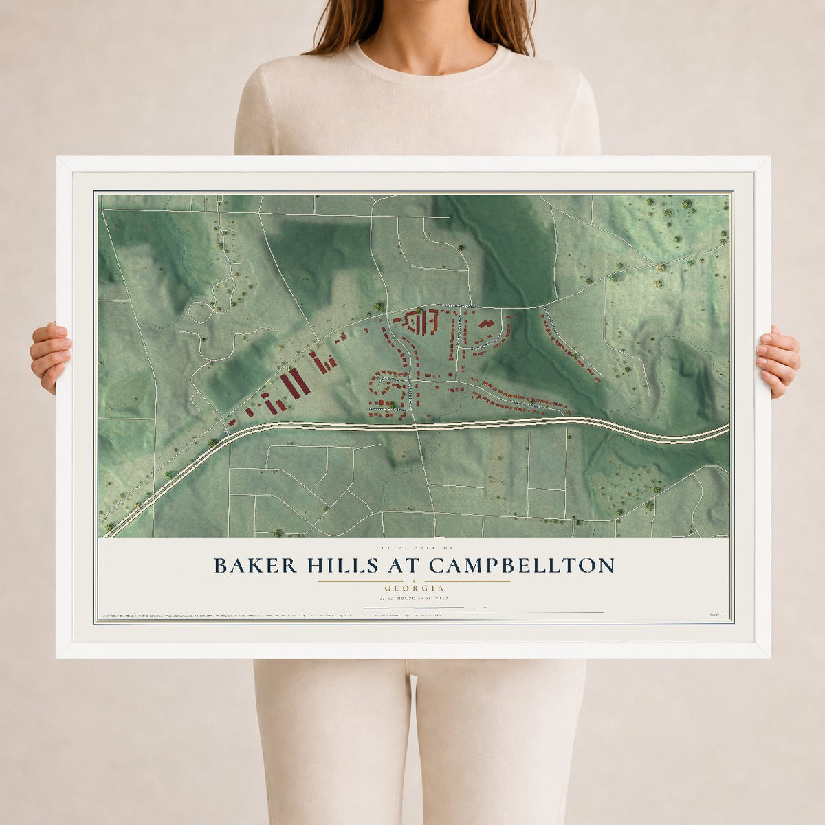 Baker Hills at Campbellton, Georgia map print, 24" x 36" W/ White Ayous Wood Frame mockup
