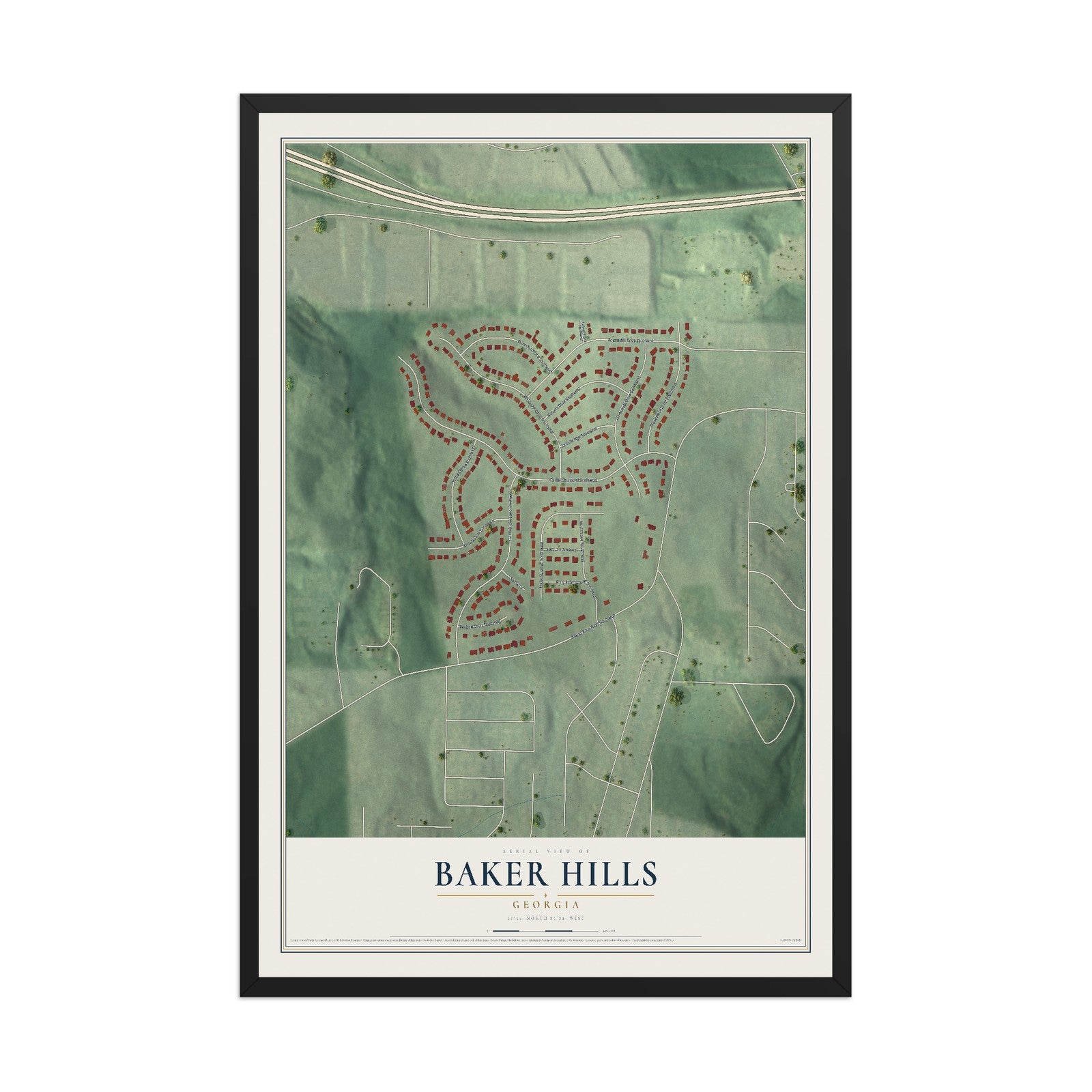 Baker Hills, Georgia map print, 12" x 18" W/ Black Ayous Wood Frame mockup