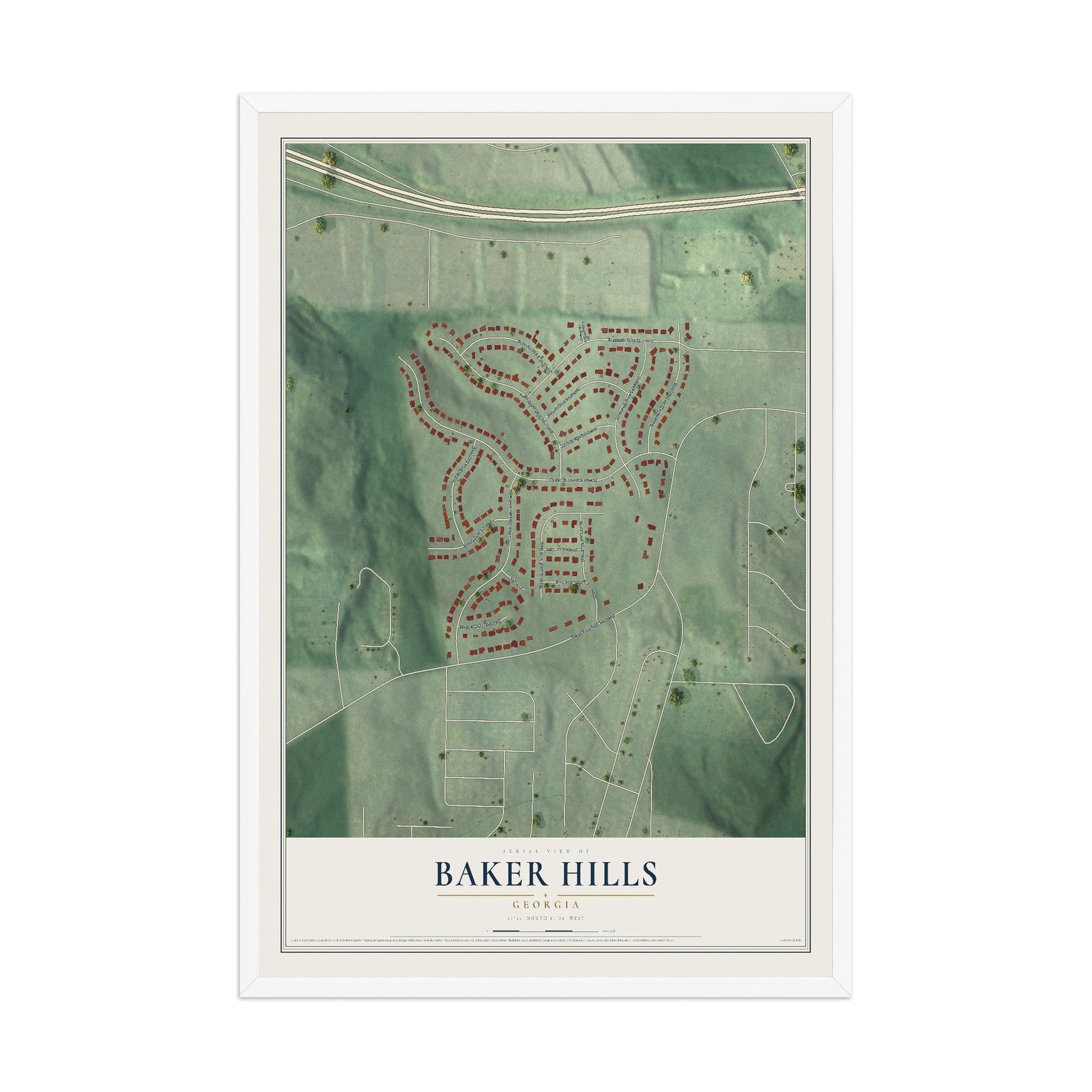 Baker Hills, Georgia map print, 12" x 18" W/ White Ayous Wood Frame mockup