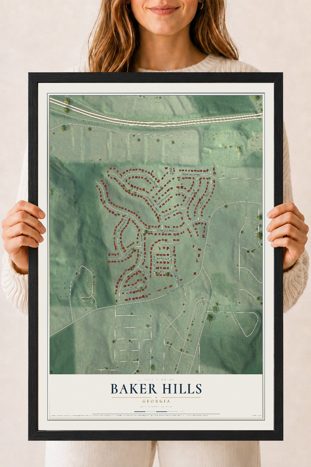 Baker Hills, Georgia map print, 18" x 24" W/ Black Ayous Wood Frame mockup