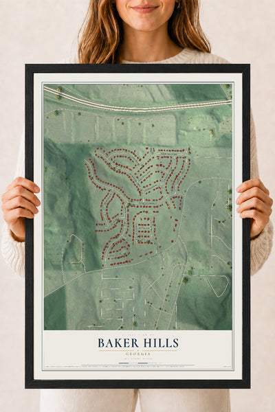 Baker Hills, Georgia map print, 18" x 24" W/ Black Ayous Wood Frame mockup