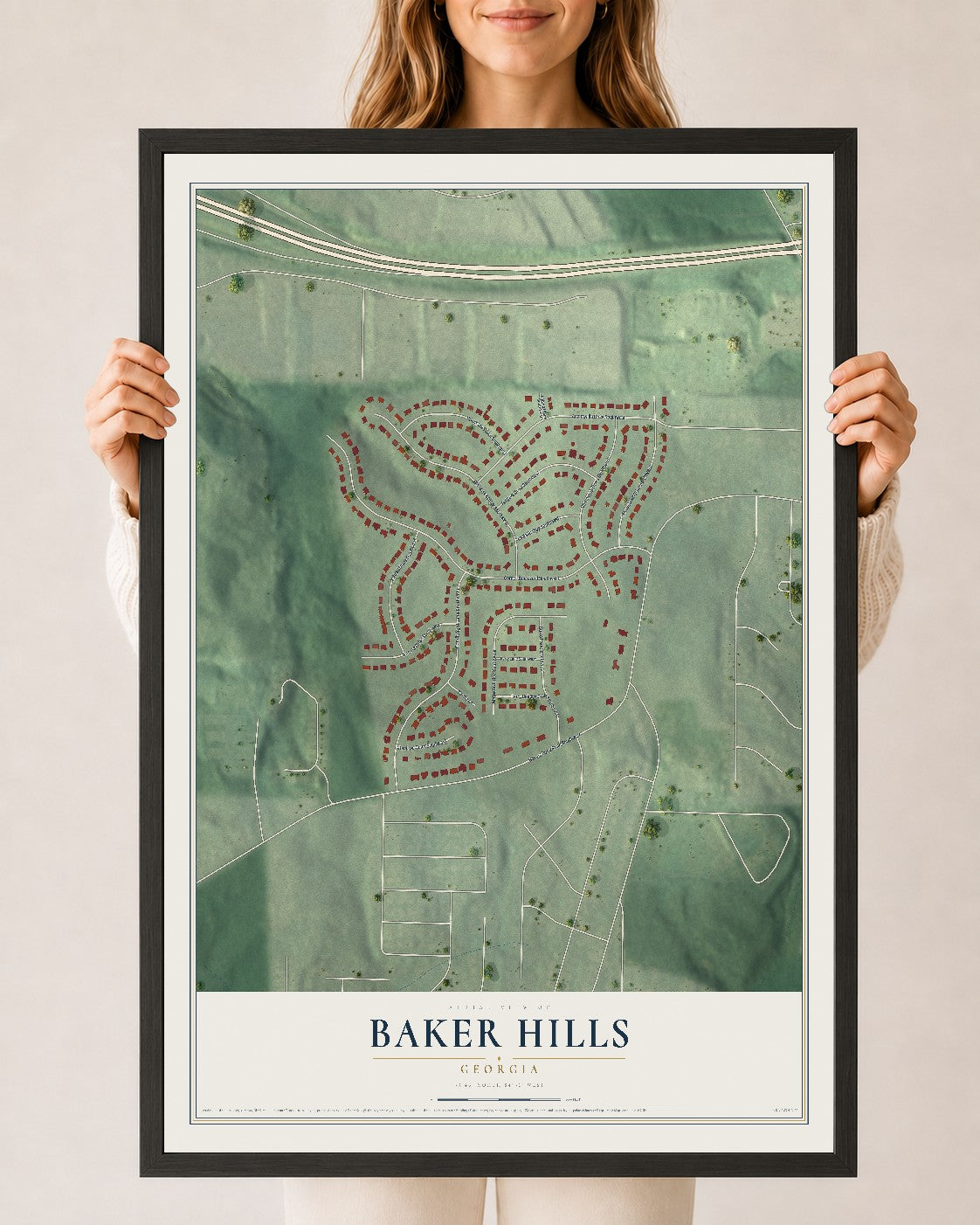 Baker Hills, Georgia map print, 24" x 36" W/ Black Ayous Wood Frame mockup