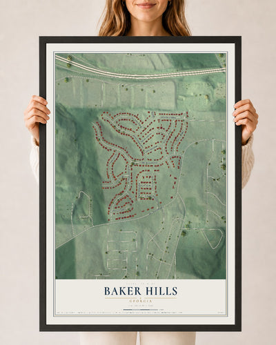 Baker Hills, Georgia map print, 24" x 36" W/ Black Ayous Wood Frame mockup
