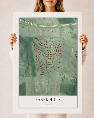 Baker Hills, Georgia map print, 24" x 36" W/ White Ayous Wood Frame mockup