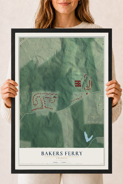 Bakers Ferry, Georgia map print, 18" x 24" W/ Black Ayous Wood Frame mockup
