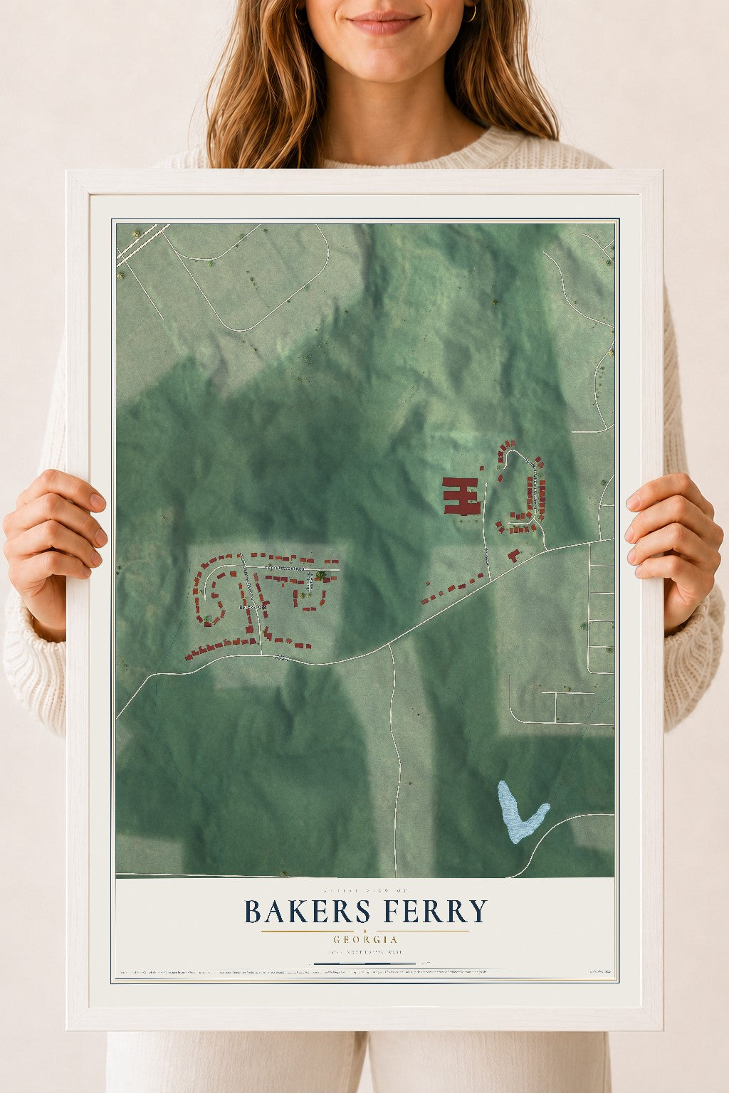 Bakers Ferry, Georgia map print, 18" x 24" W/ White Ayous Wood Frame mockup