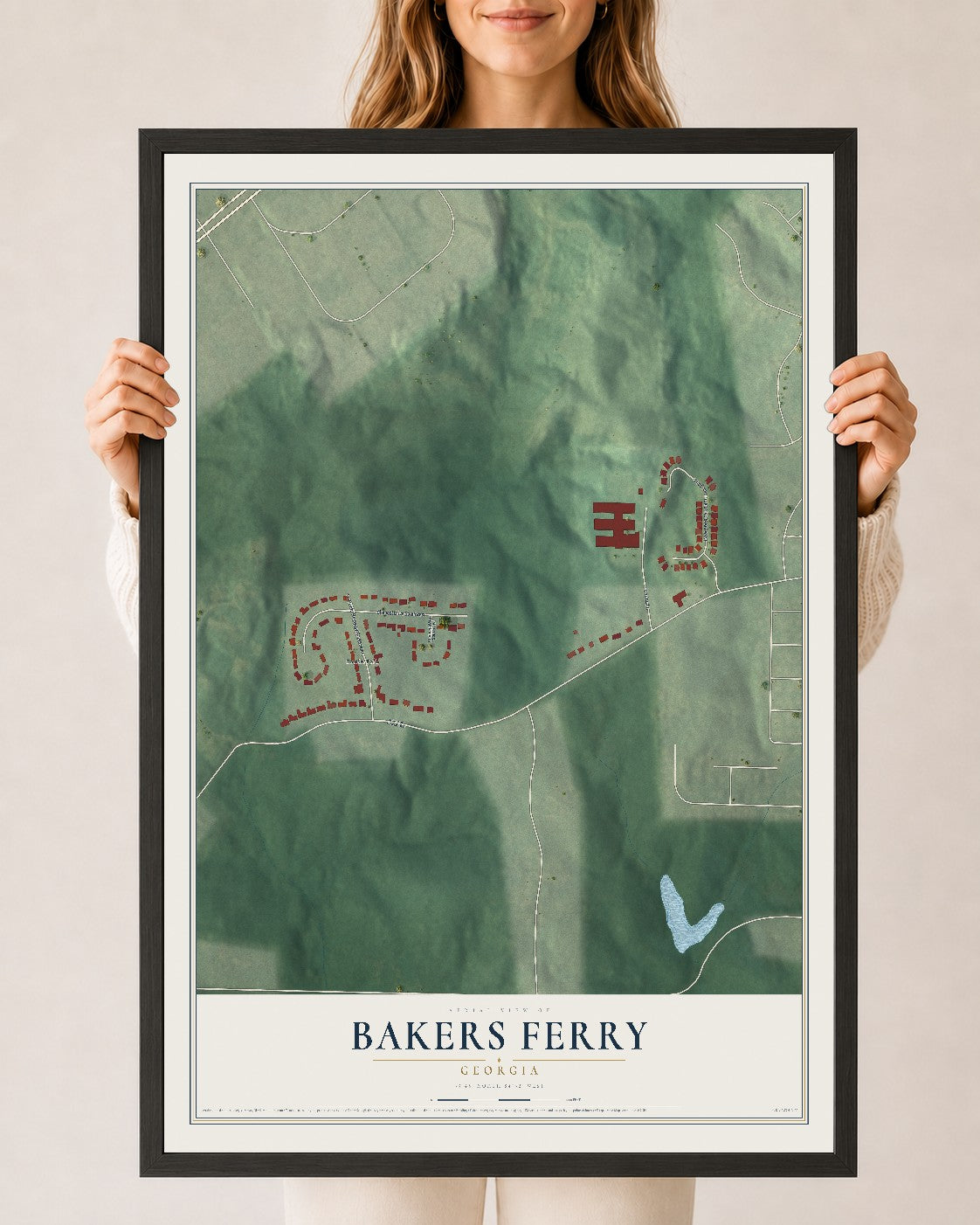Bakers Ferry, Georgia map print, 24" x 36" W/ Black Ayous Wood Frame mockup