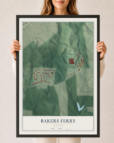 Bakers Ferry, Georgia map print, 24" x 36" W/ Black Ayous Wood Frame mockup