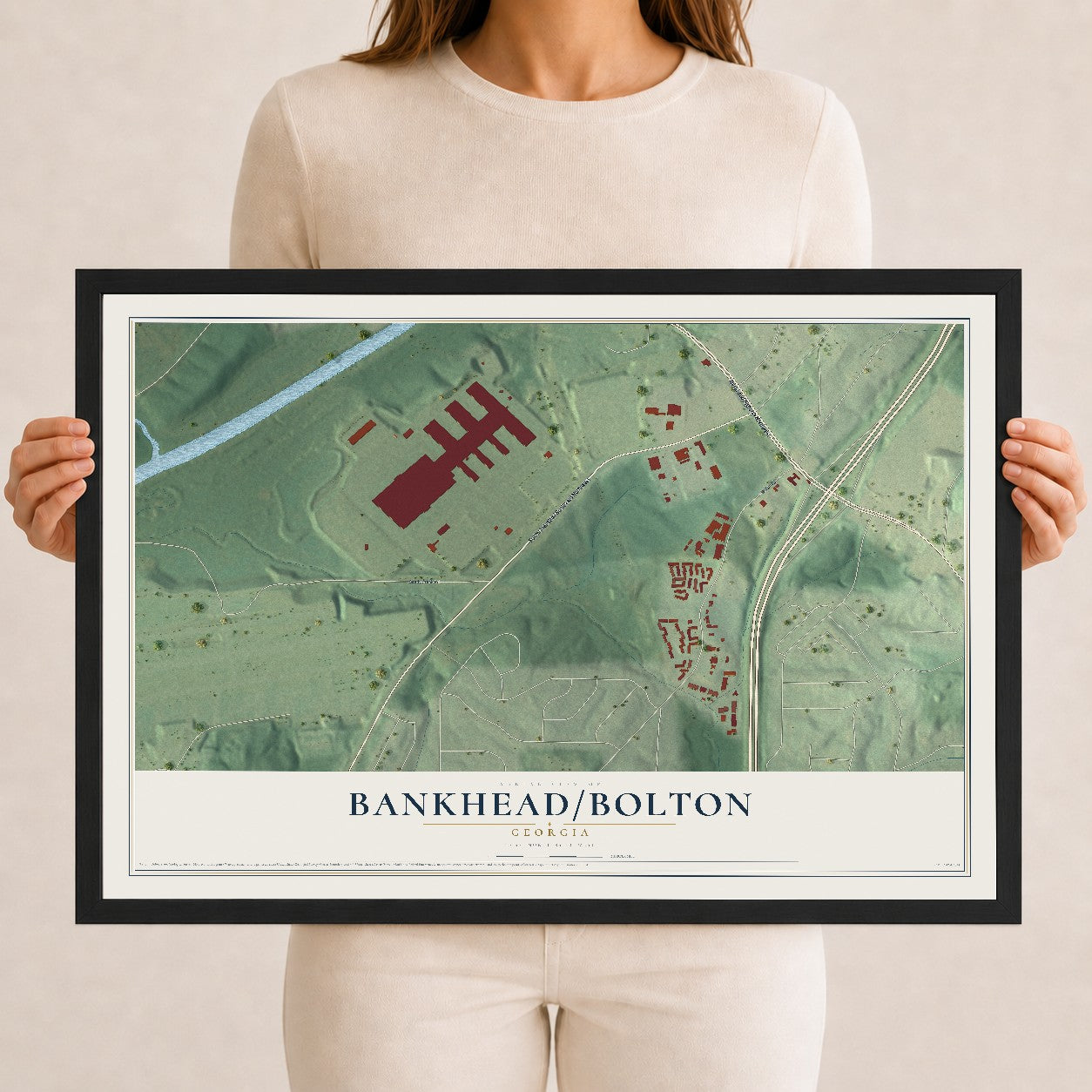 Bankhead-Bolton, Georgia map print, 12" x 18" W/ Black Ayous Wood Frame mockup
