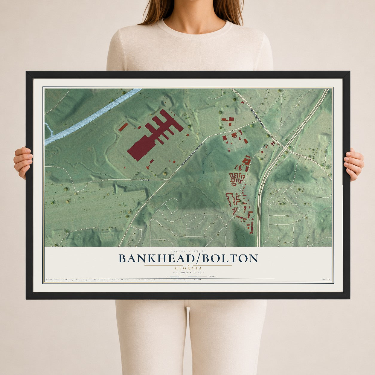 Bankhead-Bolton, Georgia map print, 24" x 36" W/ Black Ayous Wood Frame mockup
