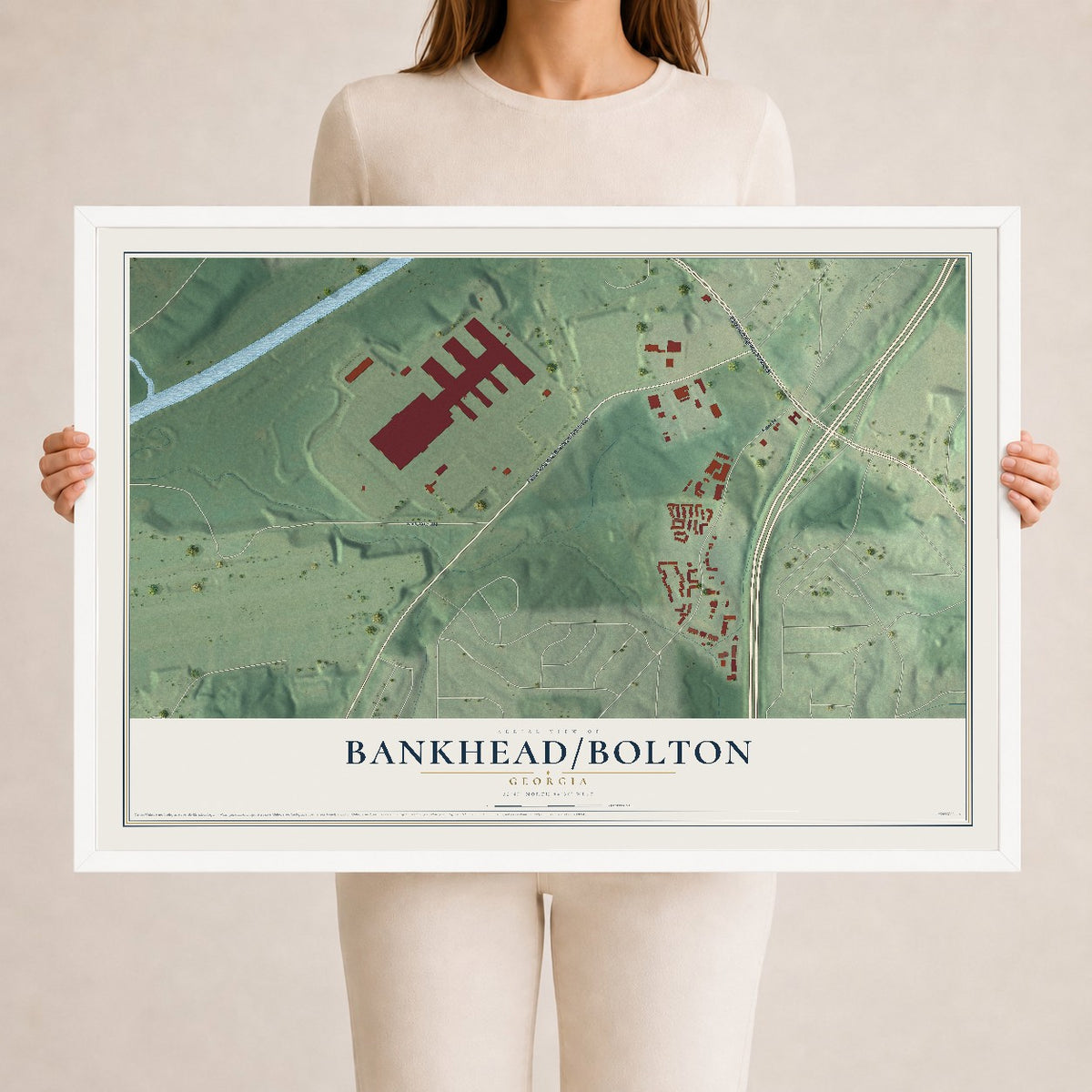 Bankhead-Bolton, Georgia map print, 24" x 36" W/ White Ayous Wood Frame mockup