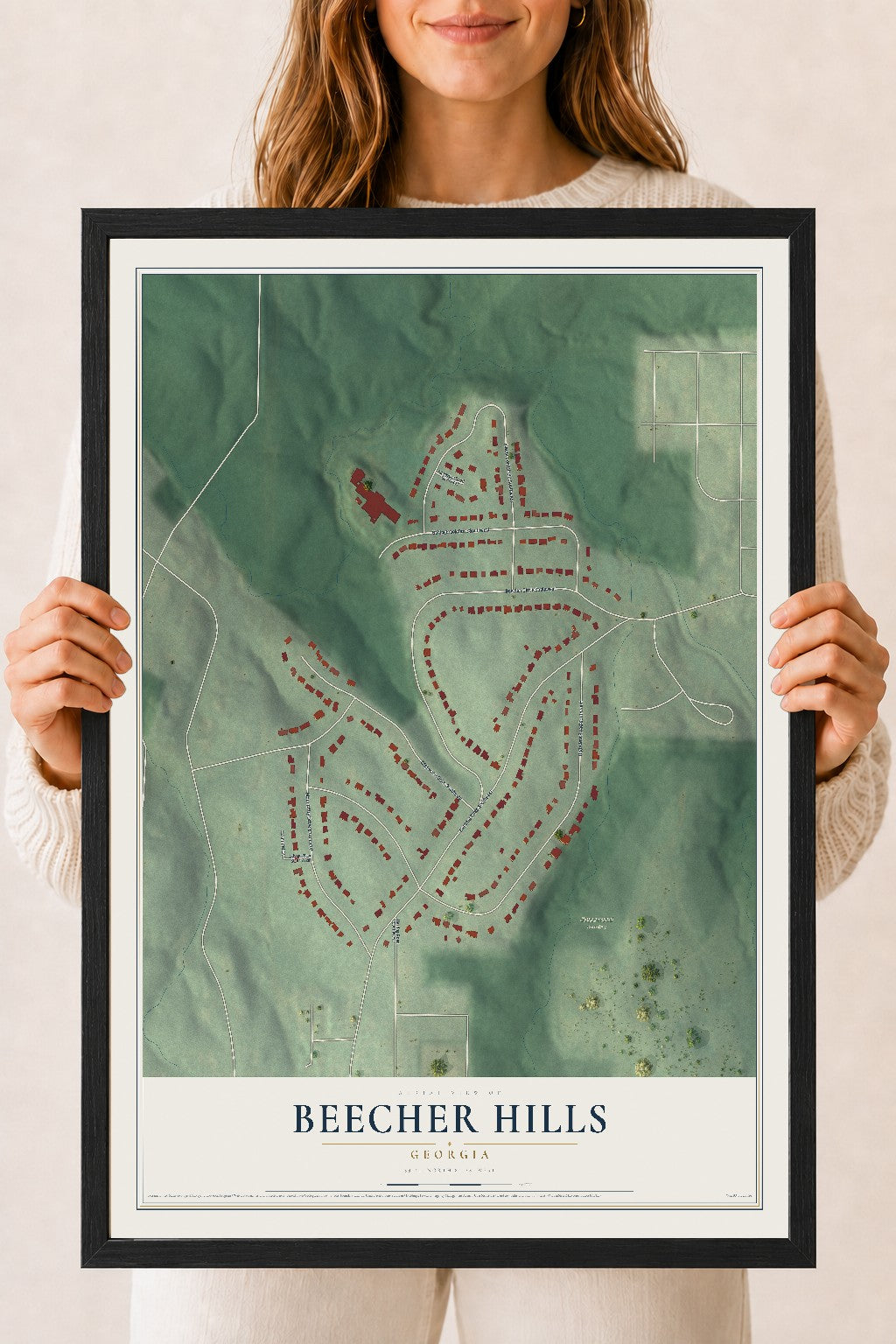 Beecher Hills, Georgia map print, 18" x 24" W/ Black Ayous Wood Frame mockup