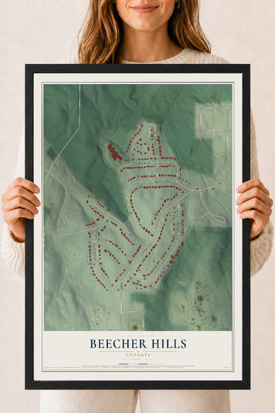 Beecher Hills, Georgia map print, 18" x 24" W/ Black Ayous Wood Frame mockup