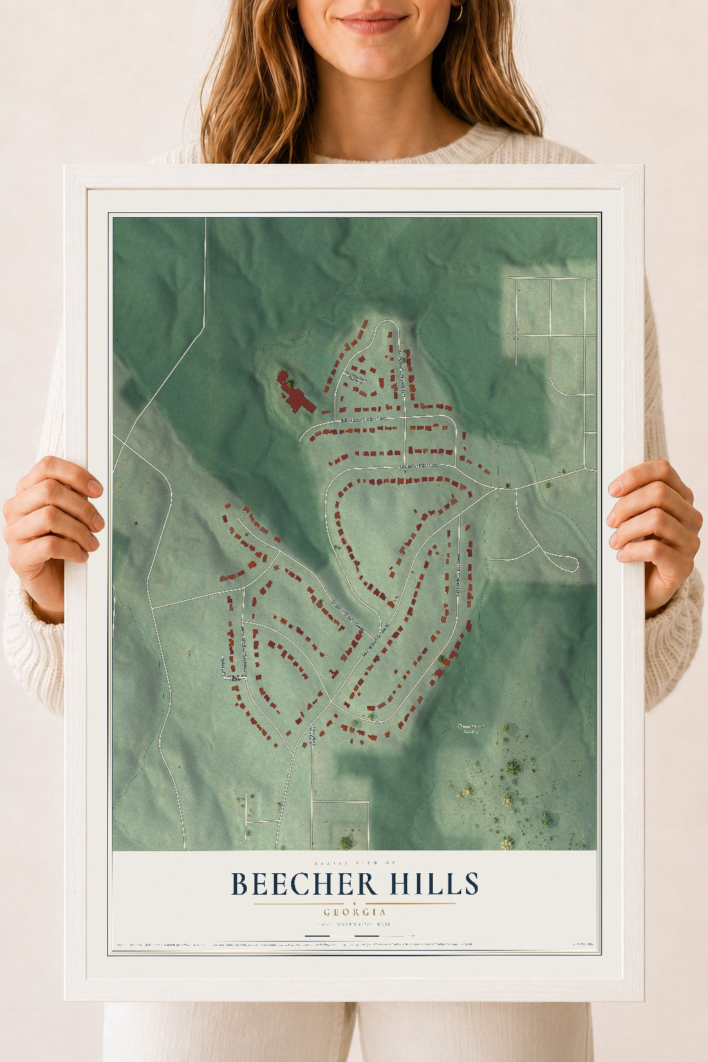 Beecher Hills, Georgia map print, 18" x 24" W/ White Ayous Wood Frame mockup