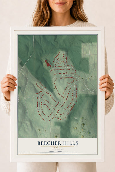 Beecher Hills, Georgia map print, 18" x 24" W/ White Ayous Wood Frame mockup