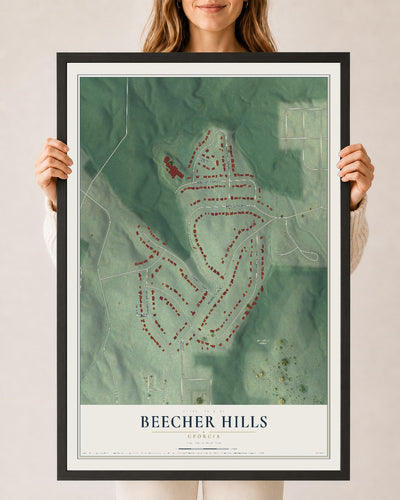 Beecher Hills, Georgia map print, 24" x 36" W/ Black Ayous Wood Frame mockup