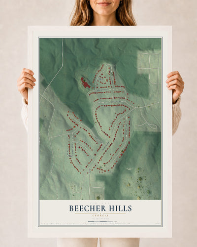 Beecher Hills, Georgia map print, 24" x 36" W/ White Ayous Wood Frame mockup