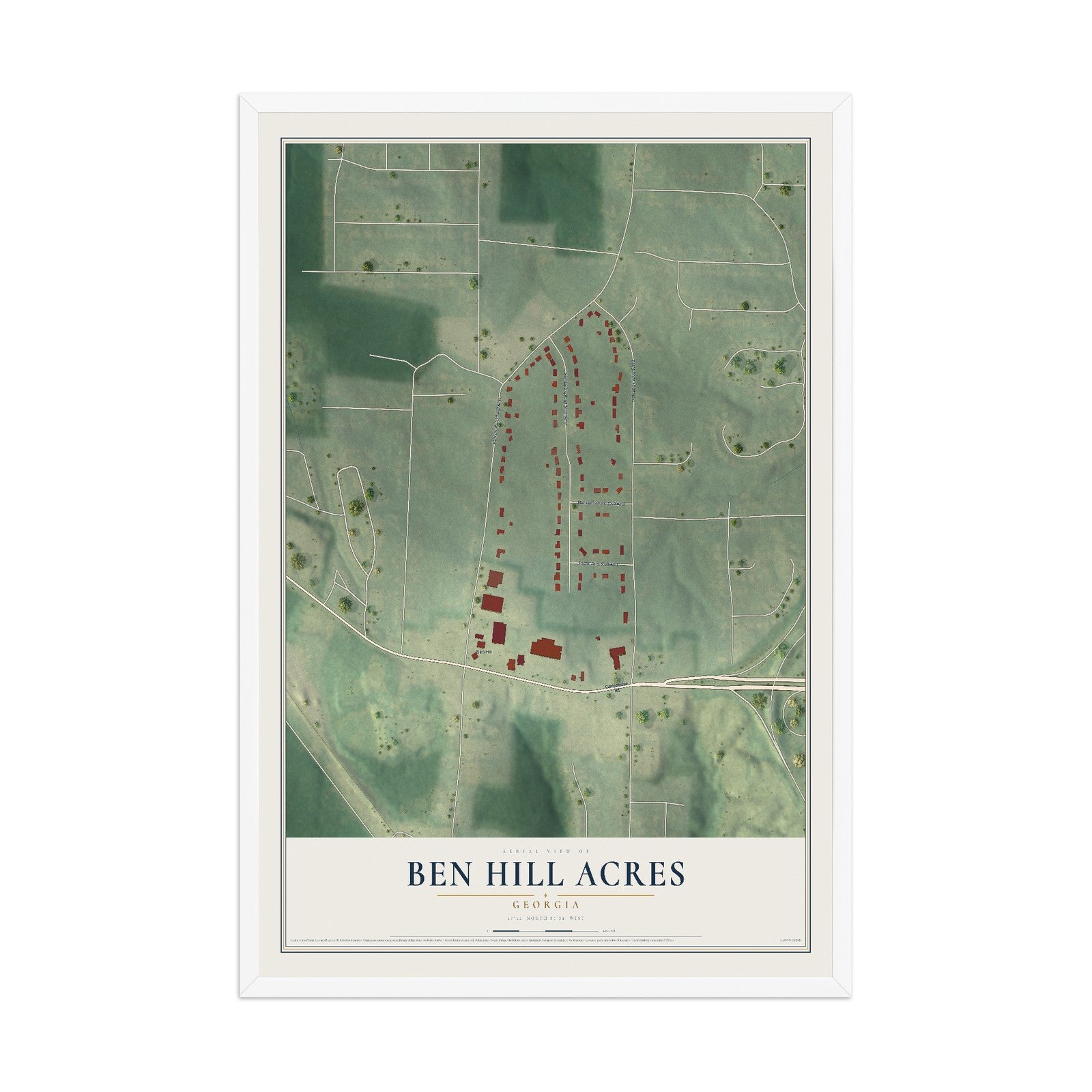 Ben Hill Acres, Georgia map print, 12" x 18" W/ White Ayous Wood Frame mockup