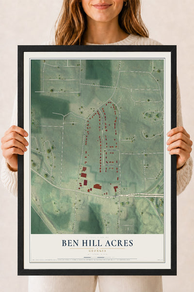Ben Hill Acres, Georgia map print, 18" x 24" W/ Black Ayous Wood Frame mockup