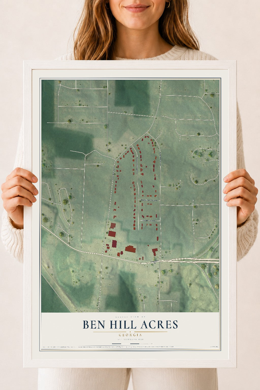 Ben Hill Acres, Georgia map print, 18" x 24" W/ White Ayous Wood Frame mockup