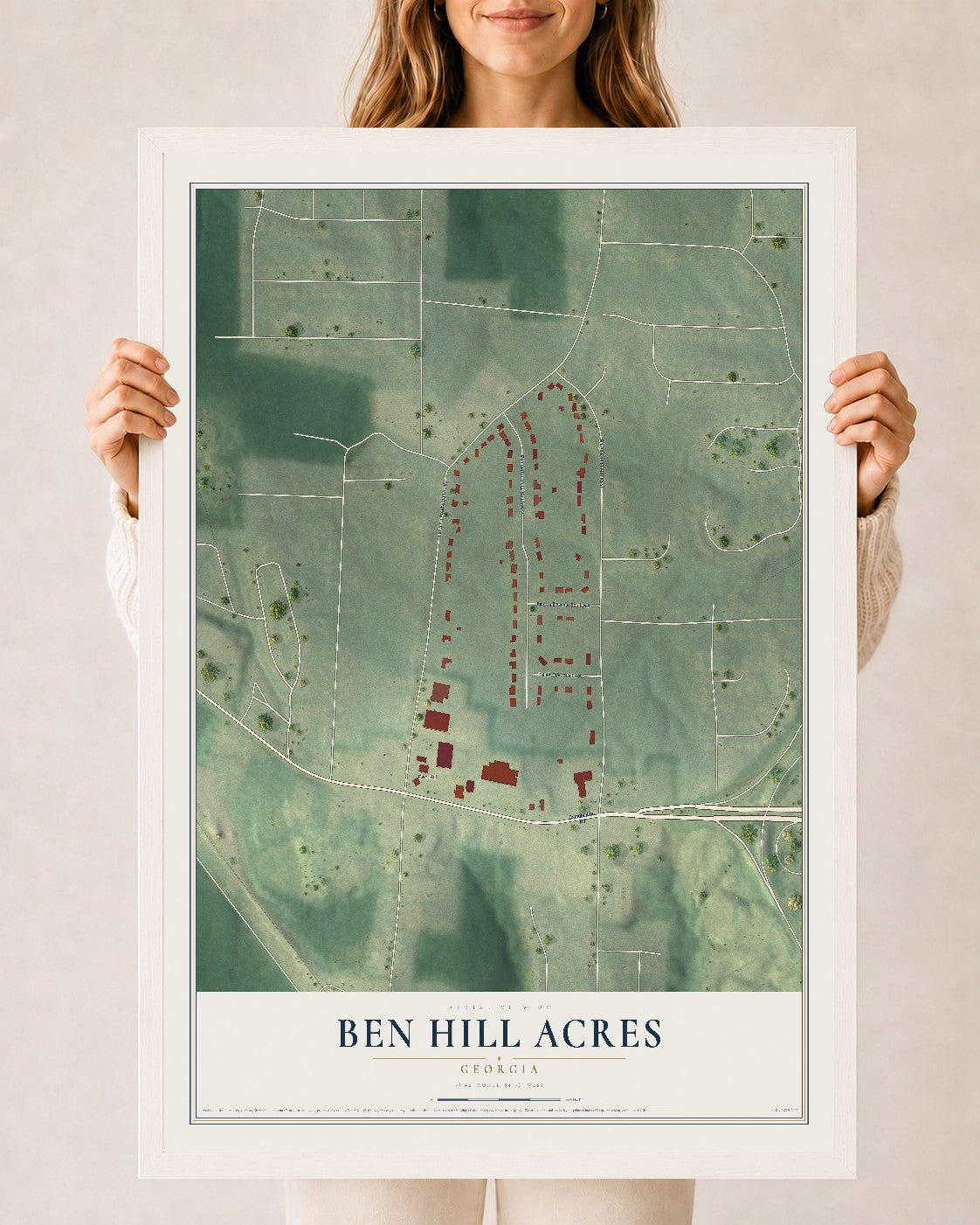 Ben Hill Acres, Georgia map print, 24" x 36" W/ White Ayous Wood Frame mockup
