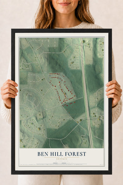 Ben Hill Forest, Georgia map print, 18" x 24" W/ Black Ayous Wood Frame mockup