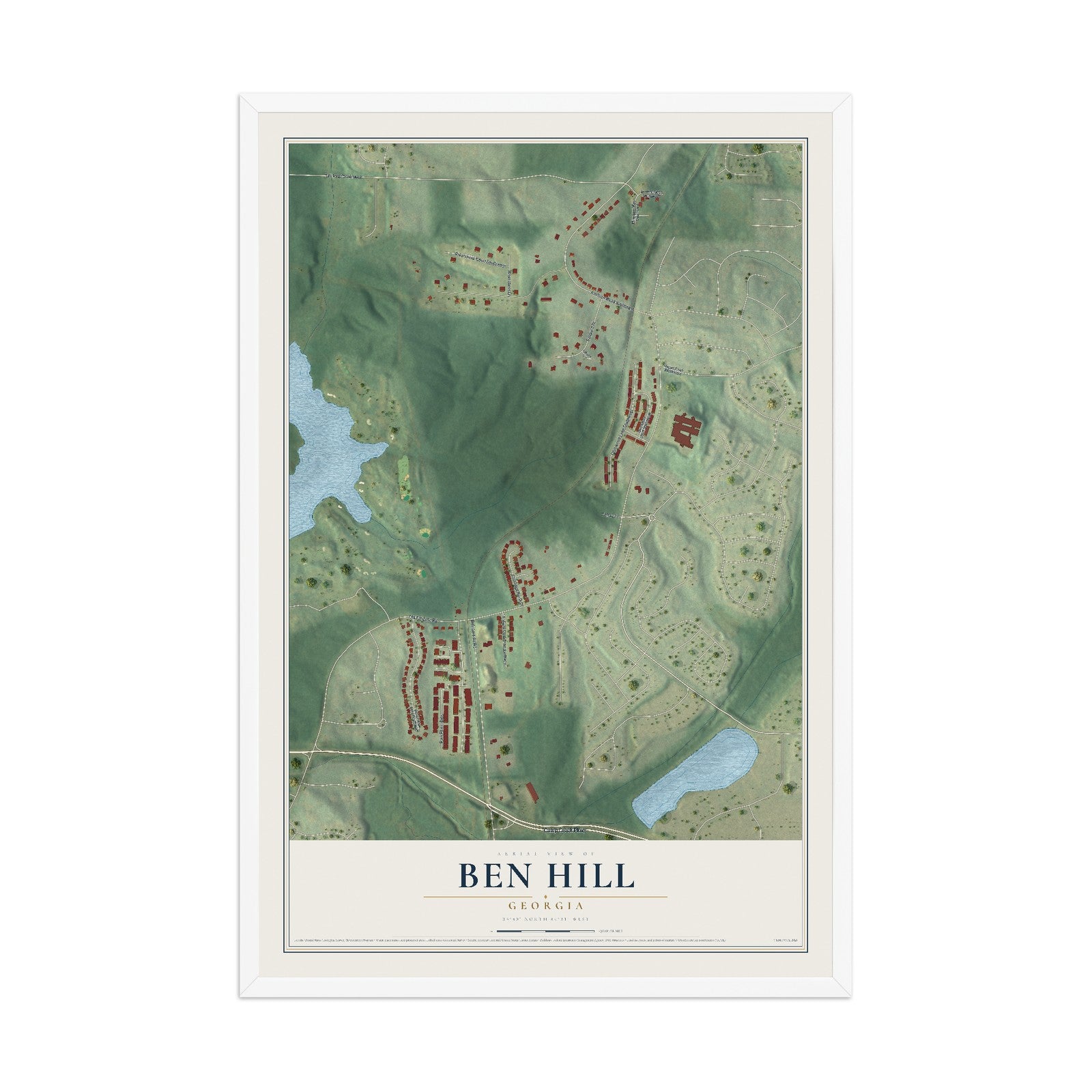 Ben Hill, Georgia map print, 12" x 18" W/ White Ayous Wood Frame mockup
