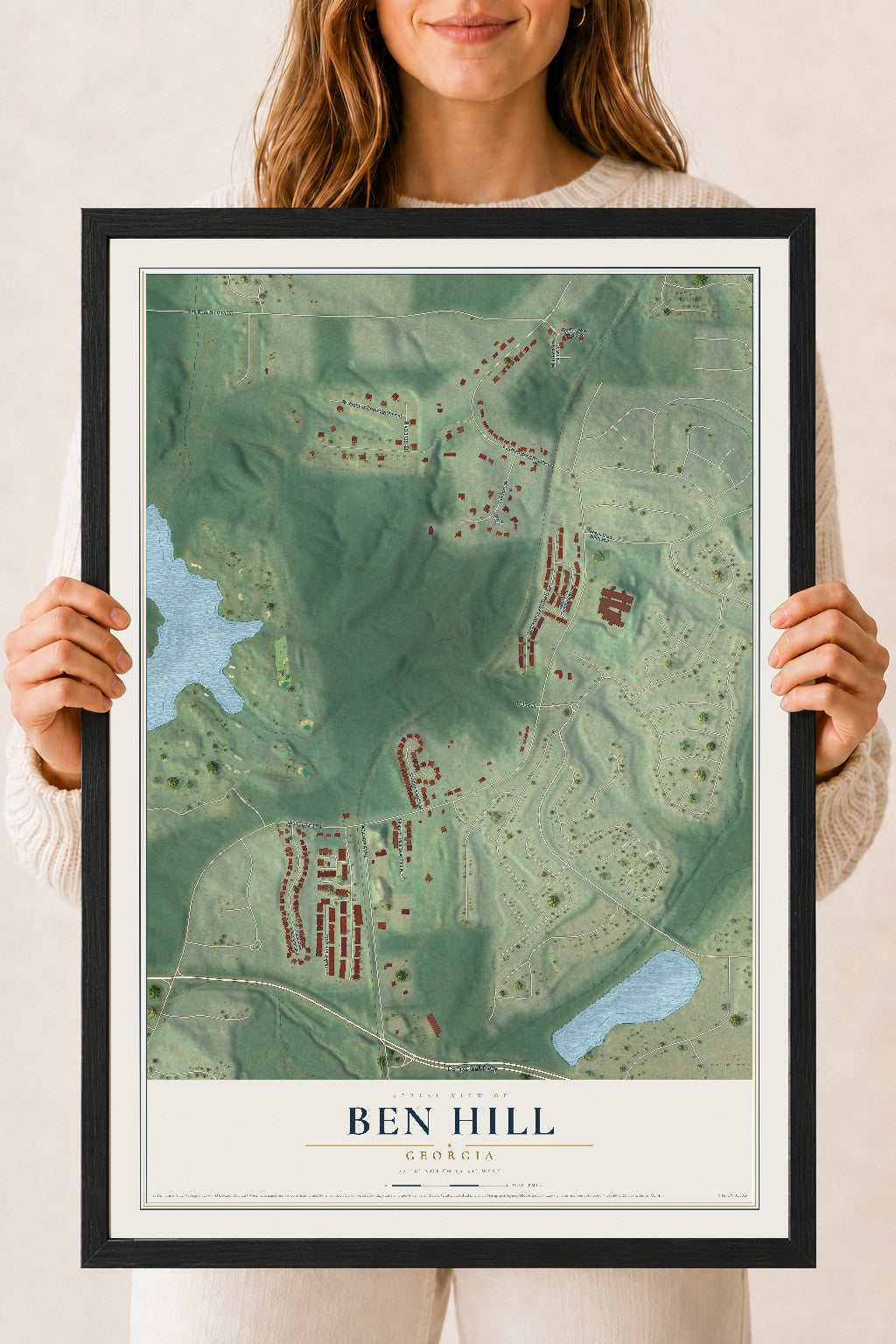 Ben Hill, Georgia map print, 18" x 24" W/ Black Ayous Wood Frame mockup