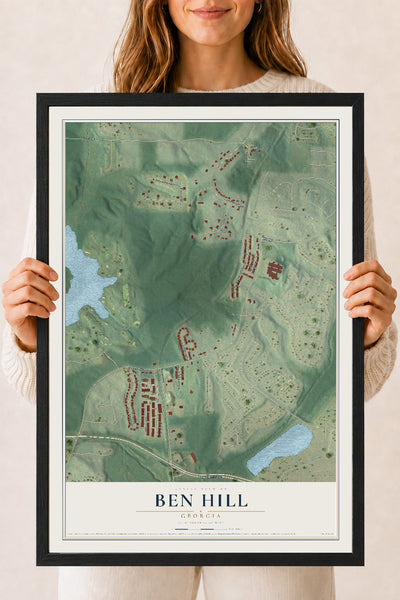 Ben Hill, Georgia map print, 18" x 24" W/ Black Ayous Wood Frame mockup