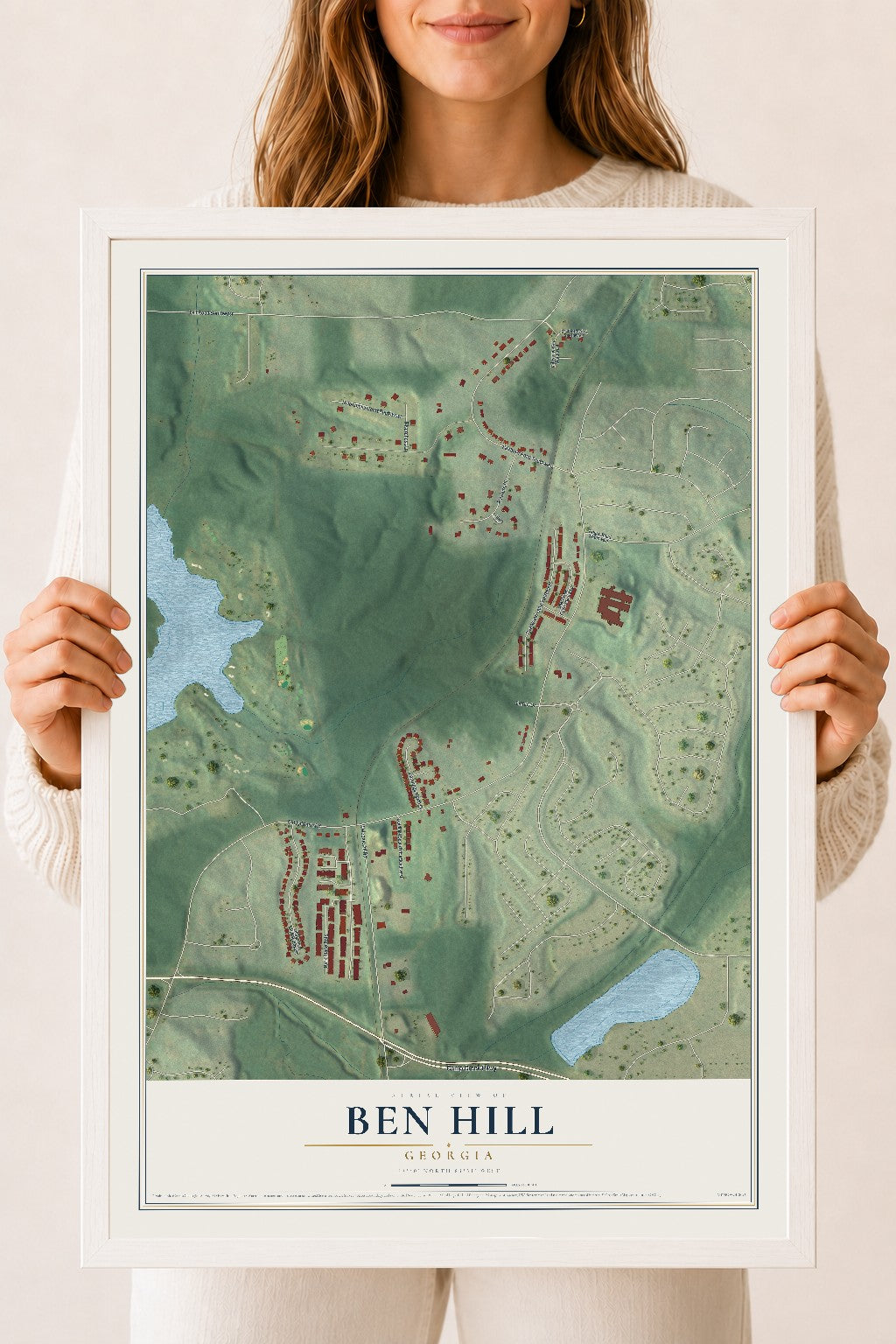 Ben Hill, Georgia map print, 18" x 24" W/ White Ayous Wood Frame mockup