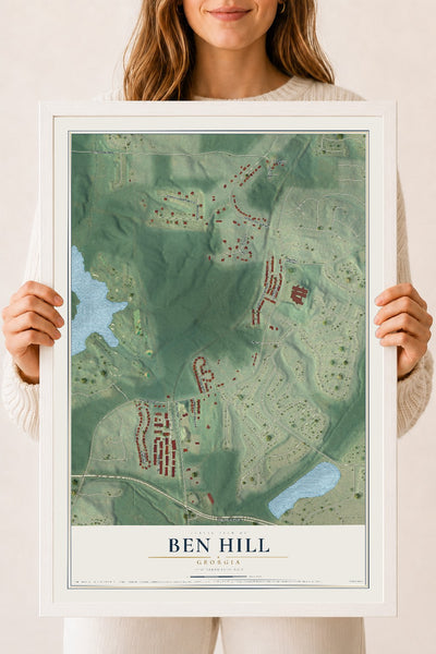 Ben Hill, Georgia map print, 18" x 24" W/ White Ayous Wood Frame mockup