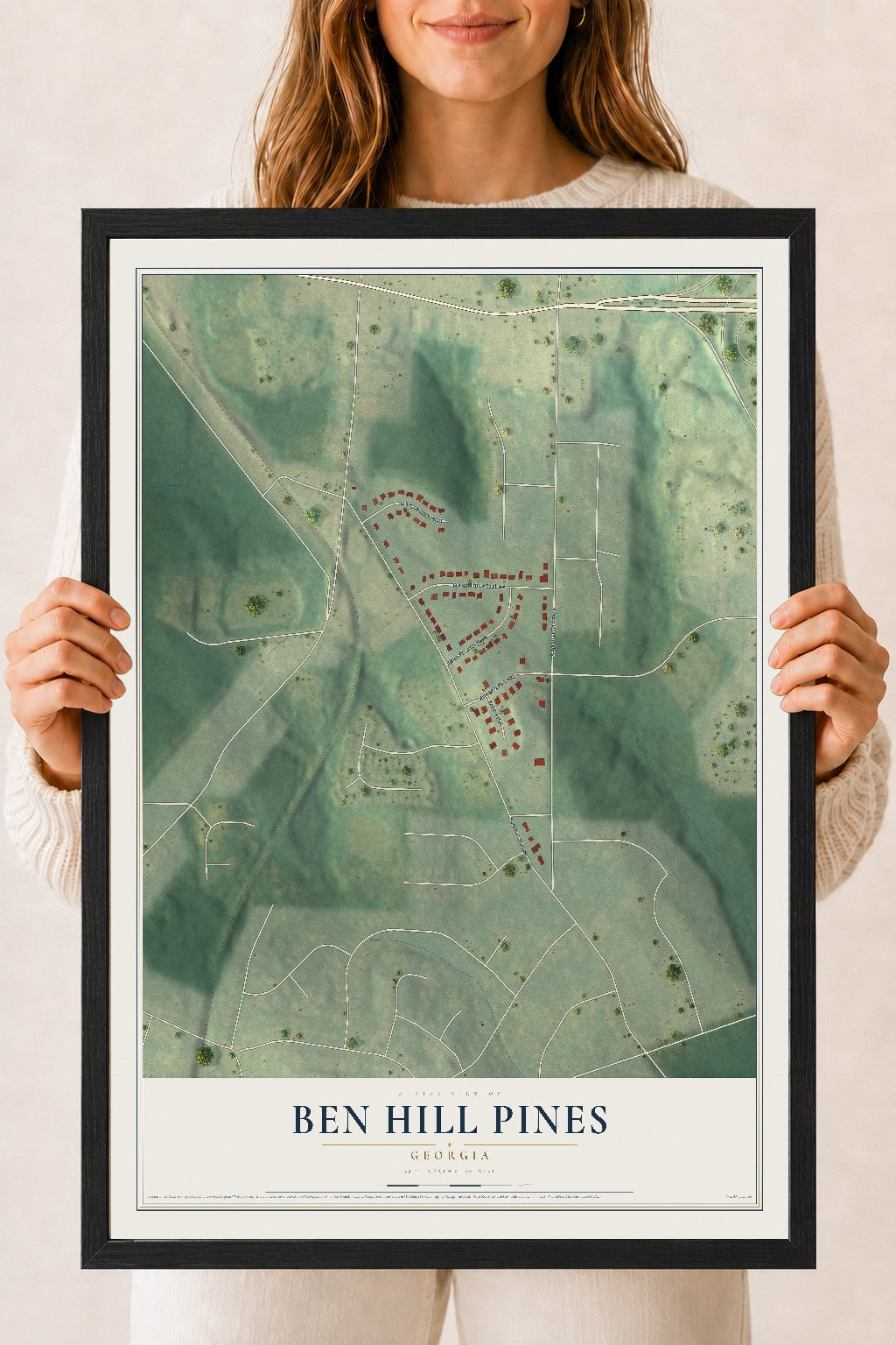Ben Hill Pines, Georgia map print, 18" x 24" W/ Black Ayous Wood Frame mockup