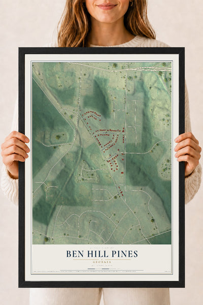 Ben Hill Pines, Georgia map print, 18" x 24" W/ Black Ayous Wood Frame mockup
