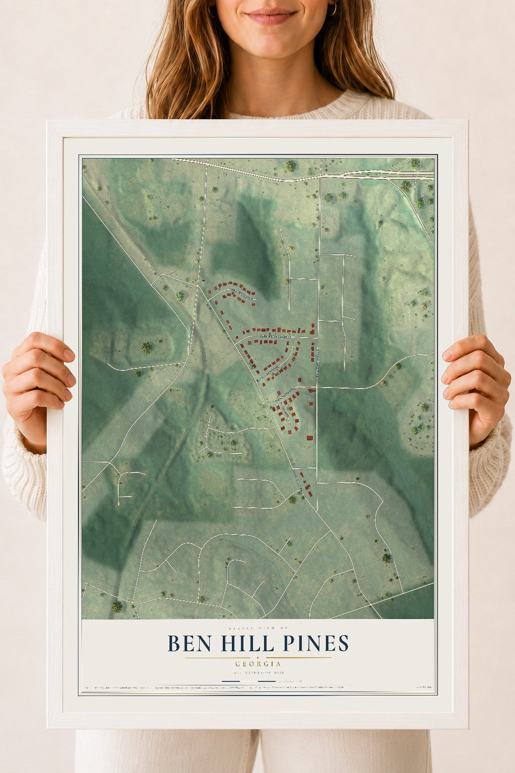 Ben Hill Pines, Georgia map print, 18" x 24" W/ White Ayous Wood Frame mockup