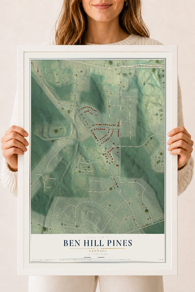 Ben Hill Pines, Georgia map print, 18" x 24" W/ White Ayous Wood Frame mockup
