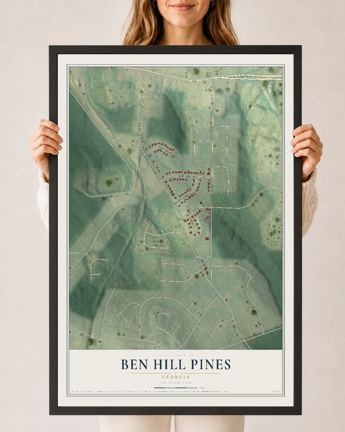Ben Hill Pines, Georgia map print, 24" x 36" W/ Black Ayous Wood Frame mockup