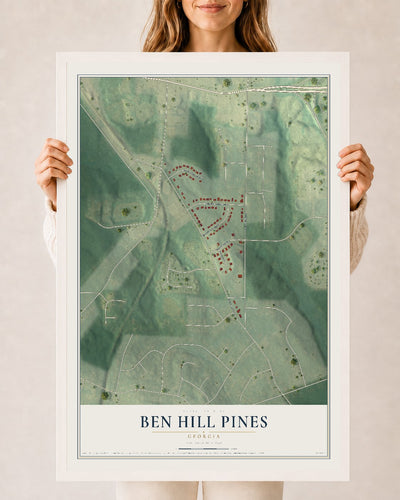 Ben Hill Pines, Georgia map print, 24" x 36" W/ White Ayous Wood Frame mockup